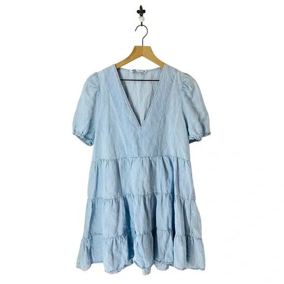 Zara | Dresses | Zara Chambray Tiered Linen Blend Denim Mini Dress Vneck  Puff Sleeve Medium | Poshmark